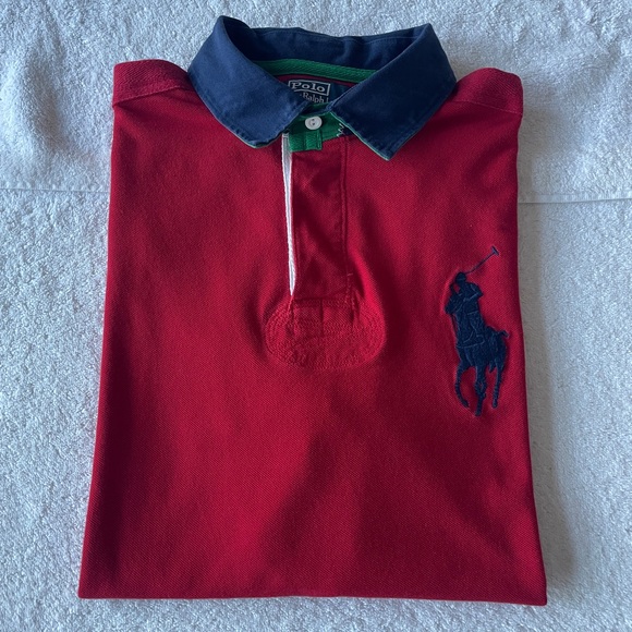 Vintage Mens Polo Ralph Lauren Polo Shirt Big Pony Long Tail Rugby Style, Red XL - Picture 2 of 7